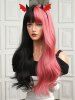 Black and Pink Two Tone Color Full Bangs Long Natural Wavy Halloween Synthetic Wig (Excluding Accessories) -  
