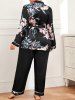 Ensemble de Pyjama Robe Enveloppée Ceinturée Florale de Grande Taille en Satin et Pantalon - Noir 2XL