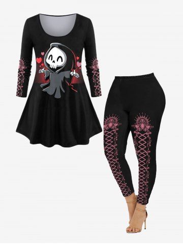 Halloween Skull Ghost Print T-shirt and High Waist Leggings Outfit
