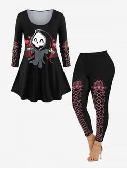 Halloween Skull Ghost Print T-shirt and High Waist Leggings Outfit - BLACK