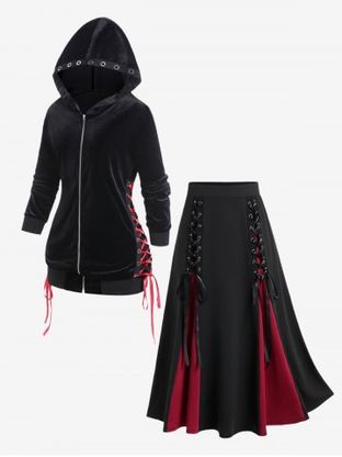 Gothic Lace Up Grommet Zipper Fly Velvet Hoodie and Lace Up Godet Hem Midi Skirt Outfit