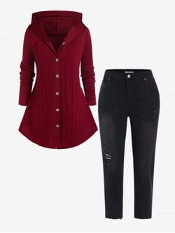 Plus Size Cable Knit Panel Hooded Cardigan and Pencil High Waisted Jeans Outfit - DEEP RED