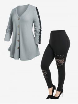 Plus Size Textured Lace Panel Knitted T-shirt and Skull Lace Panel Studded Pants Outfits - LIGHT GRAY