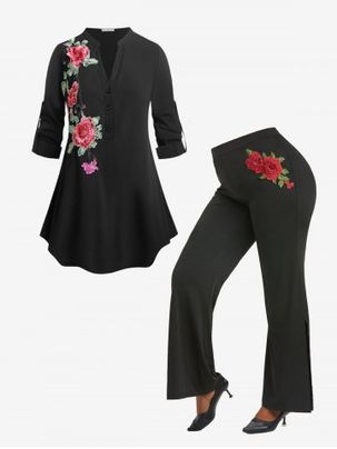 Flower Applique  Roll Tab Sleeves Blouse and Slit Flare Pants Plus Size 70s Outfit