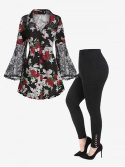 Bell Sleeve Floral Print Shirt and Cutout Twist Leggings Plus Size Fall Outfit - BLACK