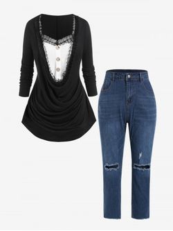 Plus Size Draped Cowl Front Two Tone 2 in 1 Tee and High Rise Pencil Jeans Outfit - 黑色