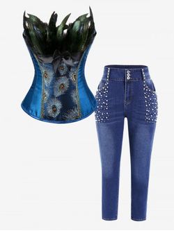 Plus Size Feather Decor Embroidery Overbust Corset and Beaded Jeans Outfit - BLUE
