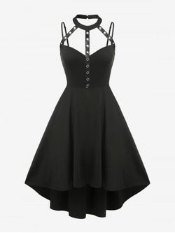 Harness Cutout High Low Solid A Line Midi Gothic Dress - BLACK - L | US 12