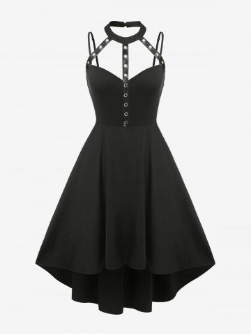 Harness Cutout High Low Solid A Line Midi Gothic Dress - BLACK - 3X | US 22-24
