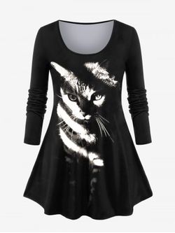 Plus Size Cat Print T-shirt - BLACK - M | US 10