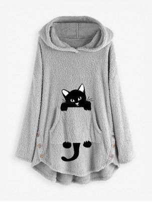 Plus Size Cat Print Pockets High Low Fluffy Hoodie