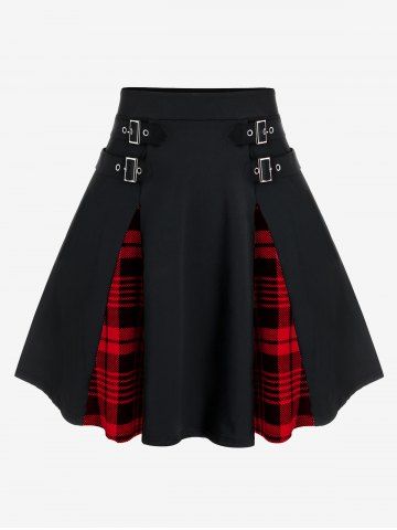 Plus Size Gothic Plaid Buckles High Waisted A Line Mini Skirt - RED - L | US 12