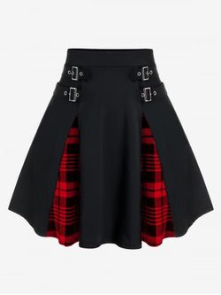 Mini Falda con Cintura Alta y Hebillas a Cuadros - RED - S | US 8