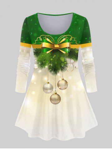Plus Size Christmas Tree Bowknot Ball Print T-shirt - GREEN - 1X | US 14-16
