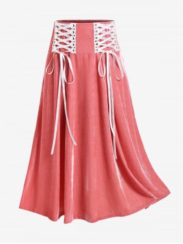 Plus Size Lace-up Pleated Detail Velvet Maxi Skirt