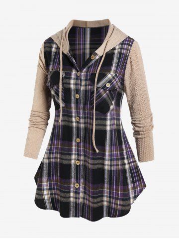 Plus Size Hooded Plaid 2 In 1 Shirt - PURPLE - L | US 12