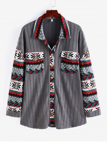 Plus Size Christmas Turndown Collar Pockets Snowflake Cable Knit Cardigan - GRAY - L | US 12