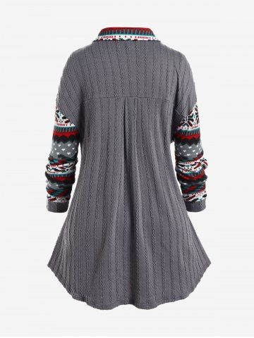 Plus Size Christmas Turndown Collar Pockets Snowflake Cable Knit Cardigan