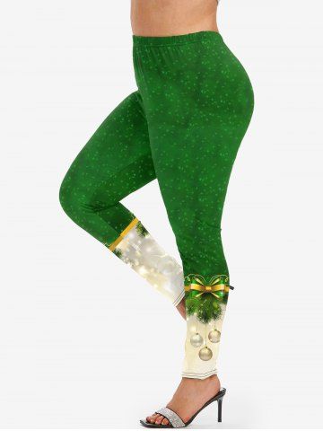 Plus Size Christmas Tree Bowknot Ball Print Leggings - GREEN - 4X | US 26-28