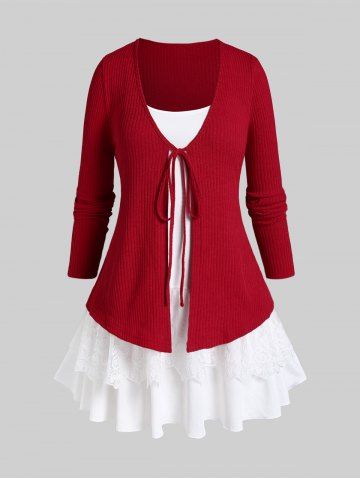 Plus Size Ribbed Tie Knitted Top and Lace Panel Double Layered Tank Top Set - RED - M | US 10