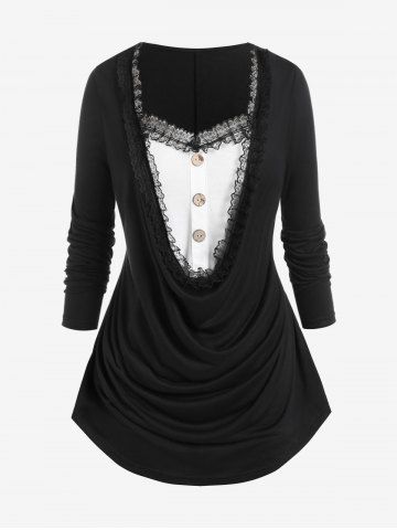 Plus Size Draped Cowl Front Two Tone 2 in 1 Tee and High Rise Pencil Jeans Outfit