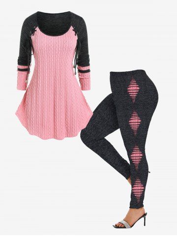 Colorblock Cable Knit Panel Lace Up Tee and High Waist 3D Ripped Print Leggings Plus Size Outfit - LIGHT PINK