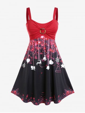 Plus Size Christmas O-Ring 3D Sparkles Elk Snowflake Printed Backless Flare Dress - RED - 5X | US 30-32