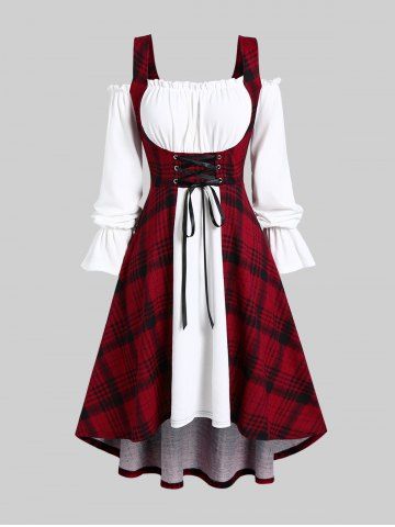 Gothic Cold Shoulder Lace-up Plaid Flare Sleeves Dip Hem Midi Dress - DEEP RED - 5X | US 30-32