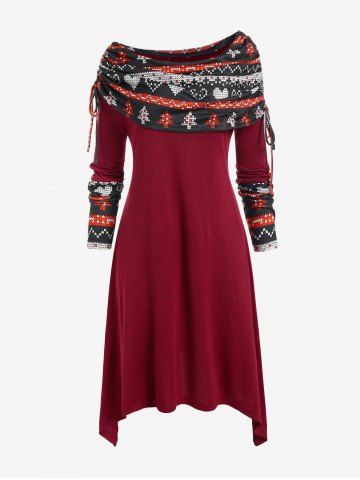 Plus Size Skew Neck Cinched Foldover Asymmetric Midi Knit Dress - DEEP RED - 5X | US 30-32
