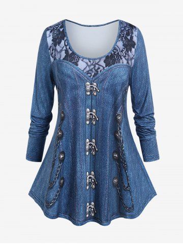 Plus Size 3D Jeans Chains Lace Printed Long Sleeves Tee - DEEP BLUE - L | US 12