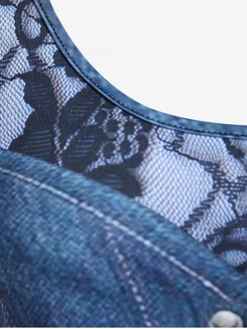 Plus Size 3D Jeans Chains Lace Printed Long Sleeves Tee