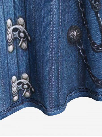 Plus Size 3D Jeans Chains Lace Printed Long Sleeves Tee