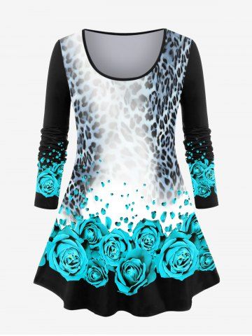 Plus Size 3D Rose Leopard Ombre Print Long Sleeves Tee