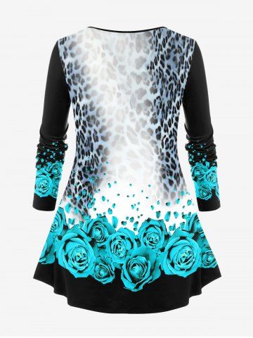 Plus Size 3D Rose Leopard Ombre Print Long Sleeves Tee