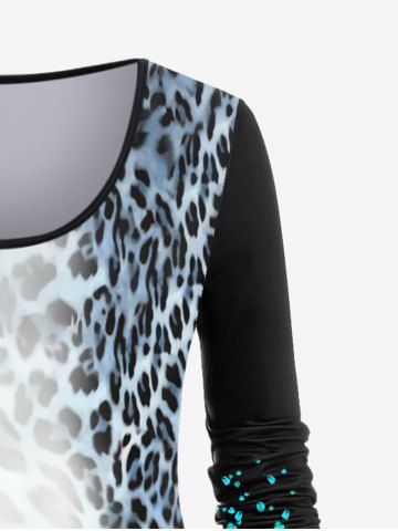 Plus Size 3D Rose Leopard Ombre Print Long Sleeves Tee