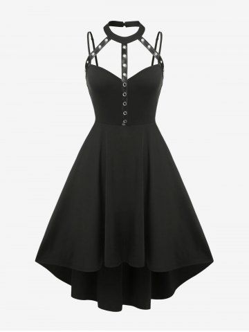 Harness Cutout High Low Solid A Line Midi Gothic Dress - BLACK - L | US 12