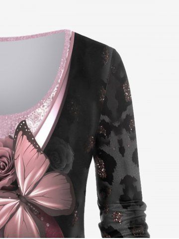 Plus Size 3D Lip Rose Butterfly Printed Long Sleeves Tee