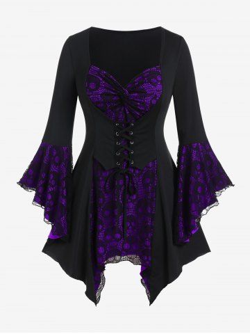 Plus Size Skulls Mesh Panel Bell Sleeves Twist Lace Up Asymmetrical 2 In 1 Top - PURPLE - S | US 8