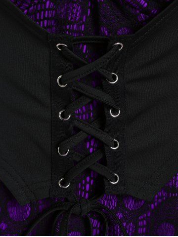 Plus Size Skulls Mesh Panel Bell Sleeves Twist Lace Up Asymmetrical 2 In 1 Top