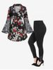 Bell Sleeve Floral Print Shirt and Cutout Twist Leggings Plus Size Fall Outfit -  