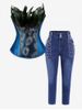 Plus Size Feather Decor Embroidery Overbust Corset and Beaded Jeans Outfit -  