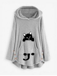 Plus Size Cat Print Pockets High Low Fluffy Hoodie -  