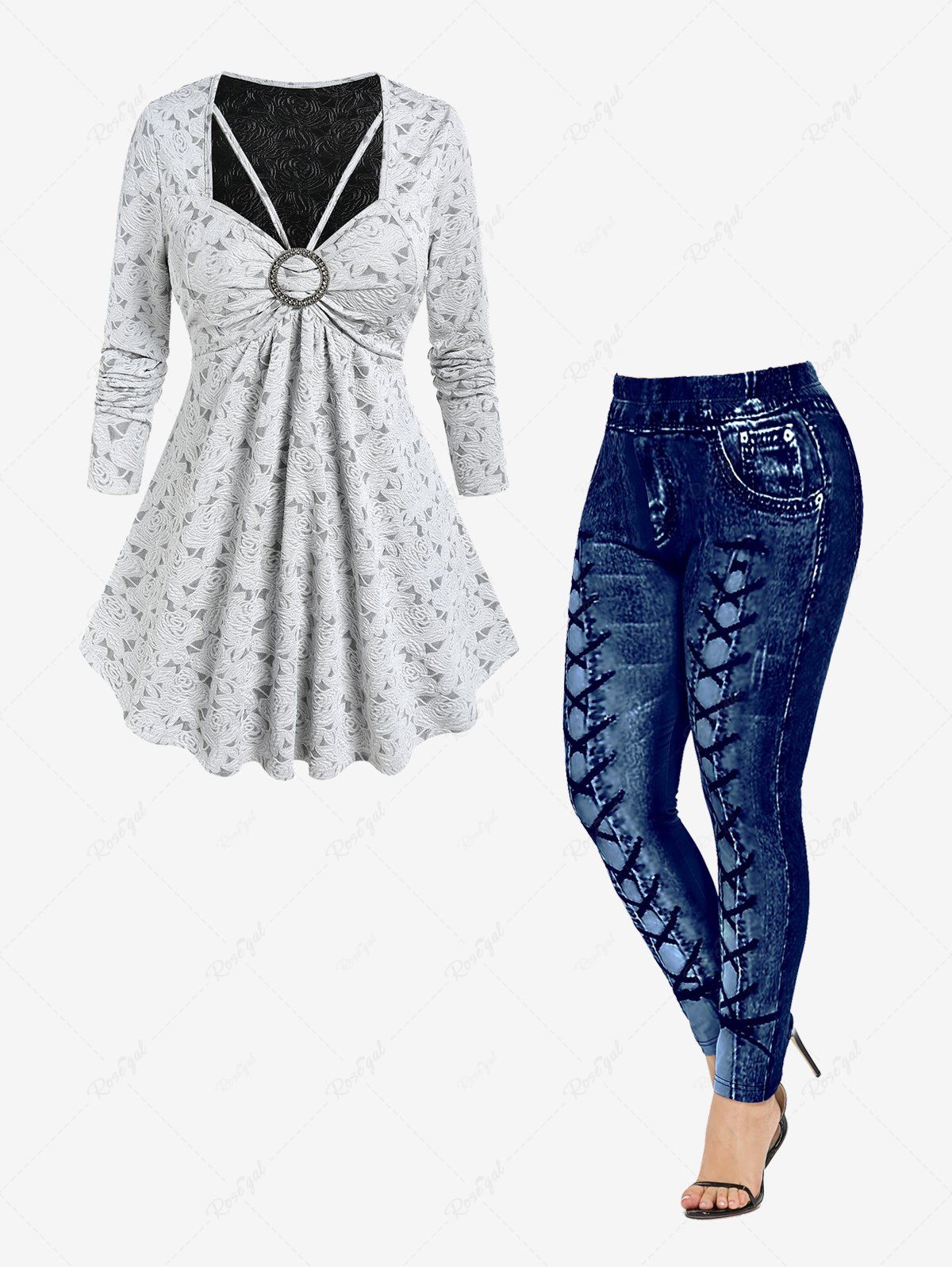 Discount Plus Size Cutout O Ring Textured T-shirt and 3D Printed Jeggings Outfits  