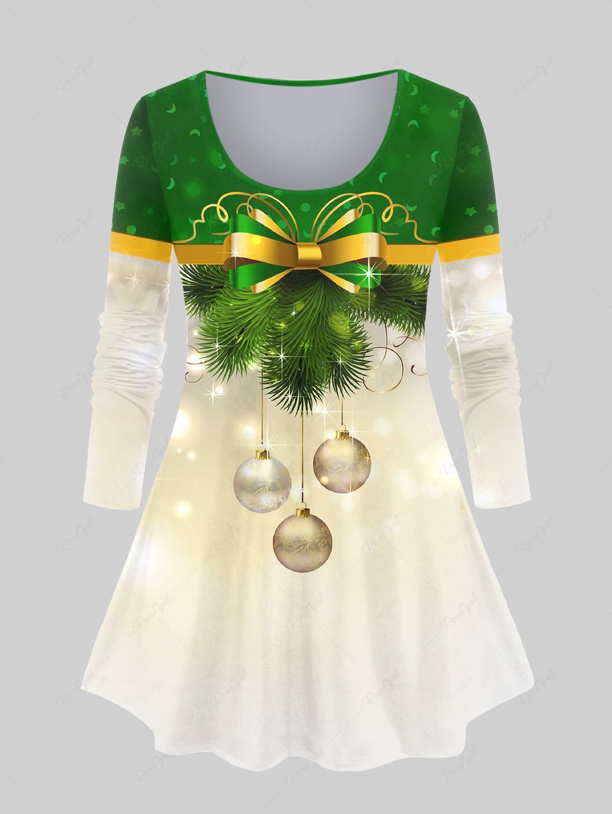 Outfit Plus Size Christmas Tree Bowknot Ball Print T-shirt  