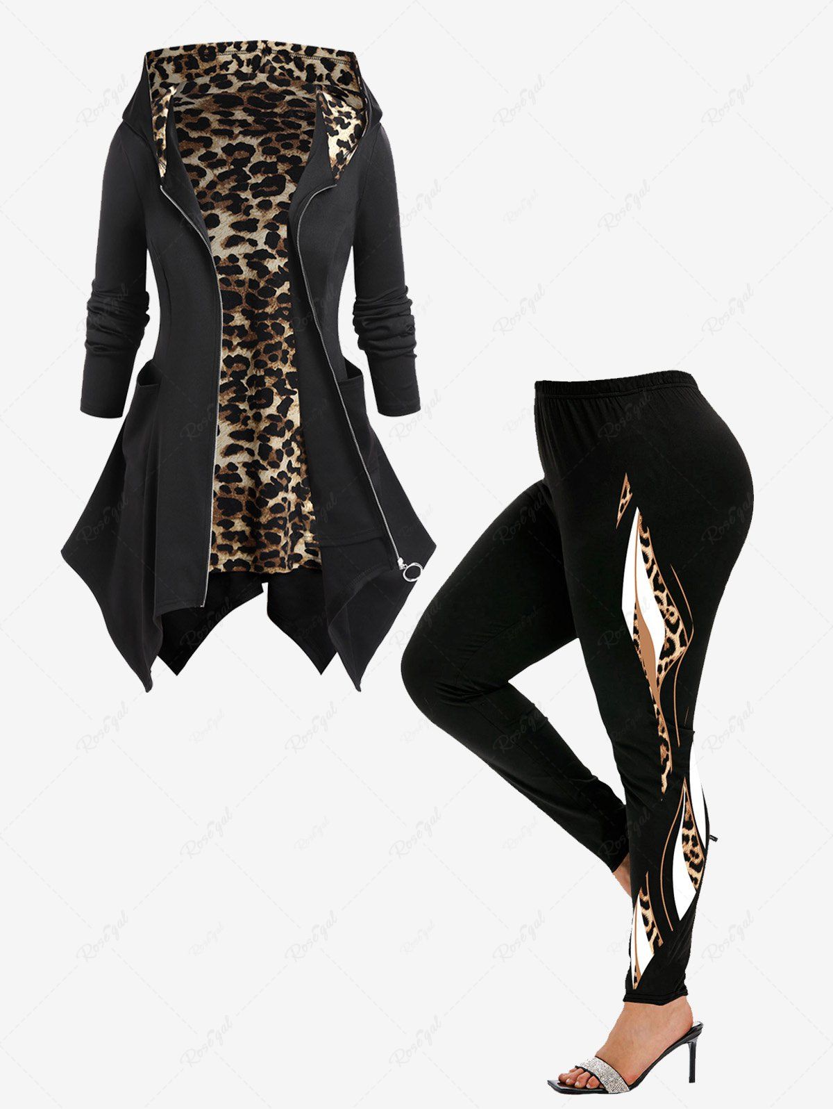 Unique Hooded Leopard Print Handkerchief Coat and Leopard Colorblock Leggings Plus Size Outerwear Outfit  