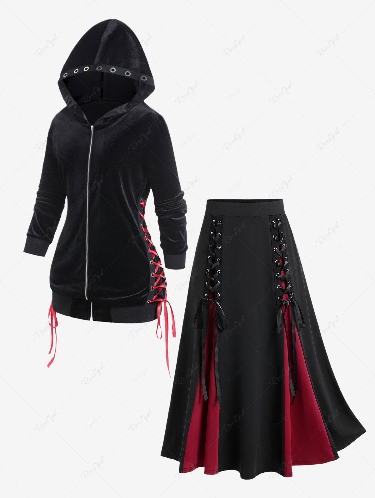 Fancy Gothic Lace Up Grommet Zipper Fly Velvet Hoodie and Lace Up Godet Hem Midi Skirt Outfit  