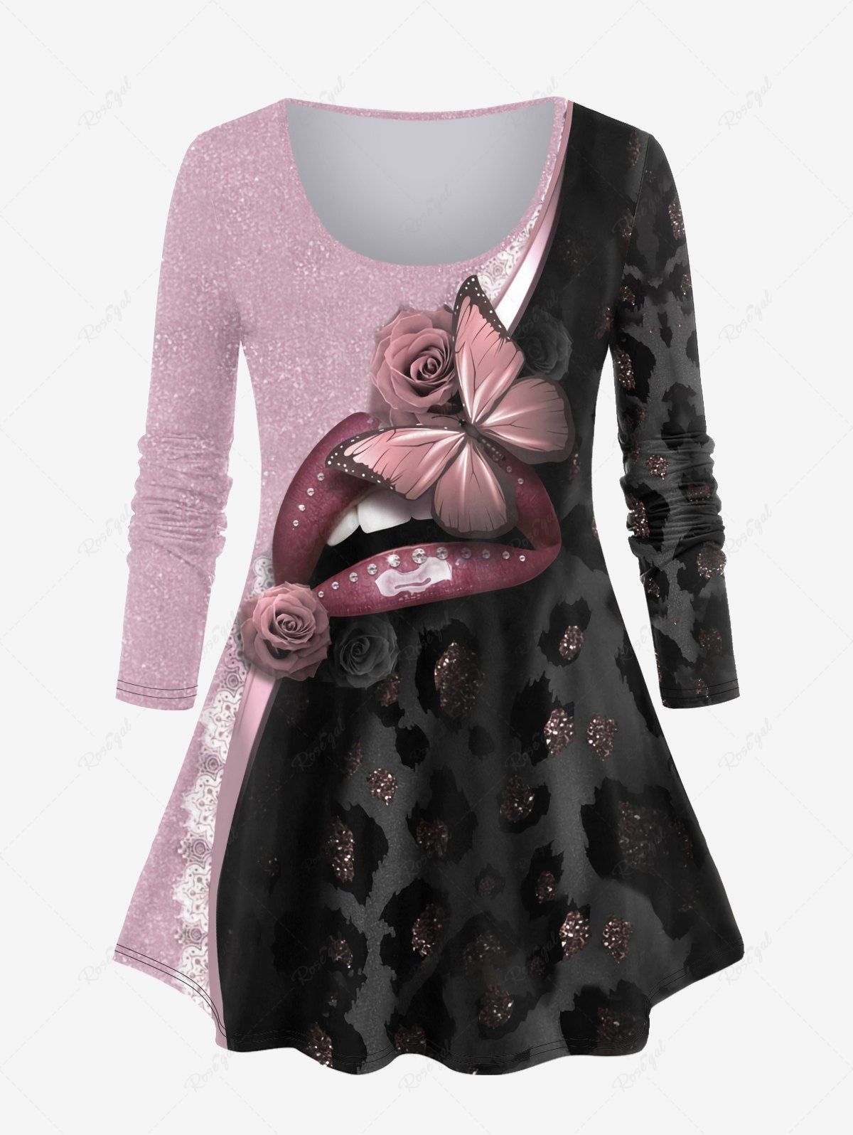 Shop Plus Size 3D Lip Rose Butterfly Printed Long Sleeves Tee  