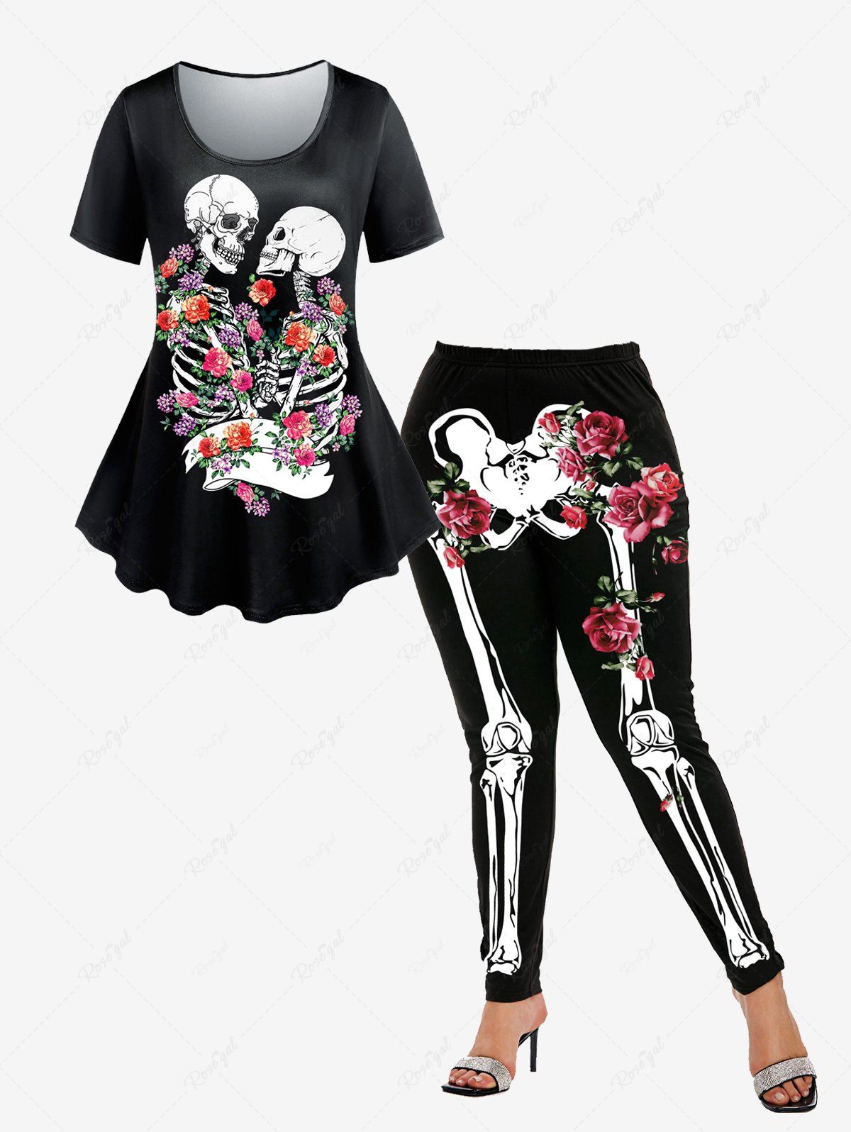 Cheap Halloween Costume Skull Rose Print Tee and Skeleton Print Leggings Plus Size Outfit  