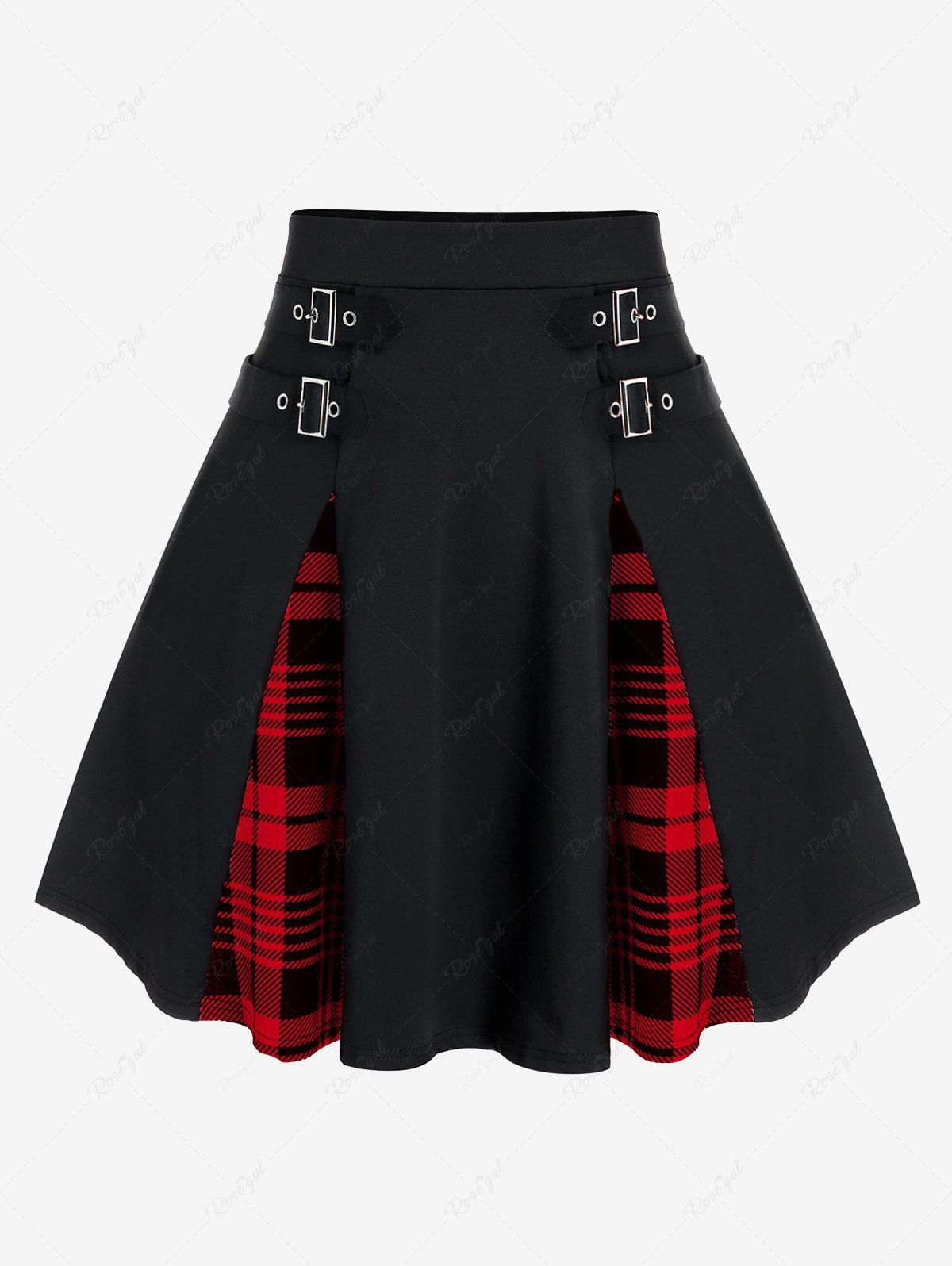 Outfit Plus Size Gothic Plaid Buckles High Waisted A Line Mini Skirt  