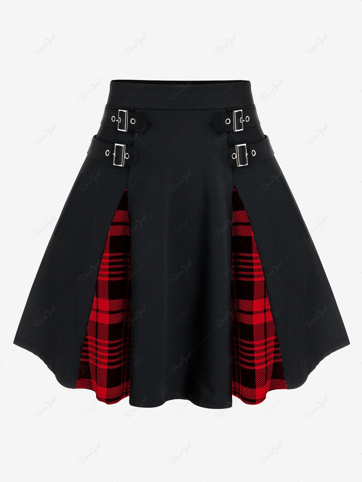 Outfits Plus Size Gothic Plaid Buckles High Waisted A Line Mini Skirt  